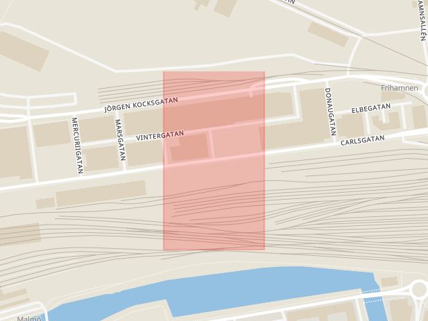 Karta som med röd fyrkant ramar in Carlsgatan, Tellusgatan, Malmö, Skåne län