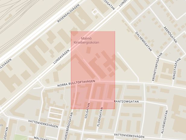 Karta som med röd fyrkant ramar in Domaregatan, Malmö, Skåne län