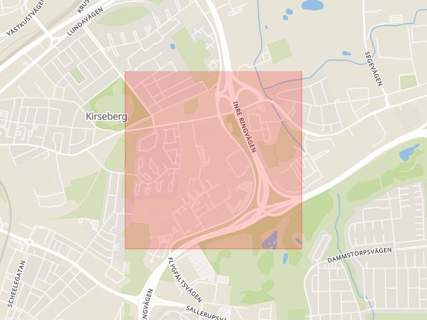 Karta som med röd fyrkant ramar in Bulltofta, Riseberga, Videdal, Malmö, Skåne län