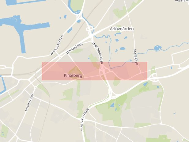 Karta som med röd fyrkant ramar in Kirseberg, Vattenverksvägen, Malmö, Skåne län