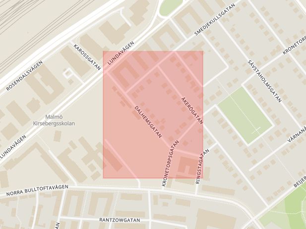 Karta som med röd fyrkant ramar in Rostorp, Dalhemsgatan, Malmö, Skåne län