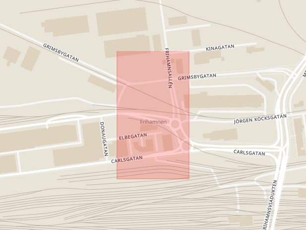 Karta som med röd fyrkant ramar in Grimsbygatan, Frihamnen, Malmö, Skåne län