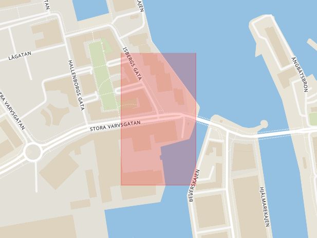 Karta som med röd fyrkant ramar in Västra Hamnen, Isbergs Gata, Stora Varvsgatan, Malmö, Skåne län