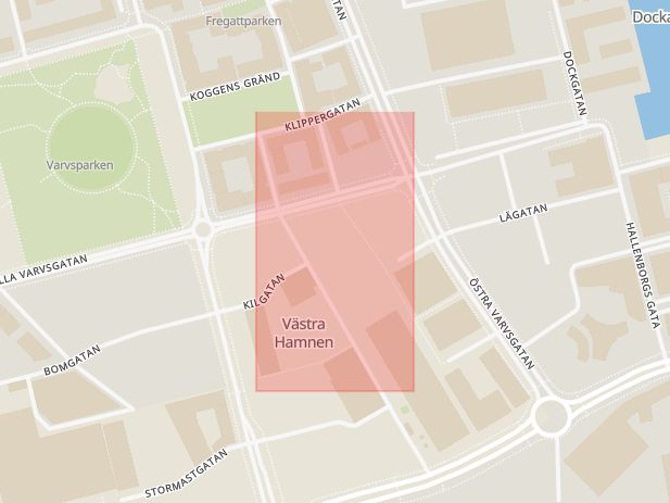 Karta som med röd fyrkant ramar in Västra Hamnen, Stapelbäddsparken, Malmö, Skåne län