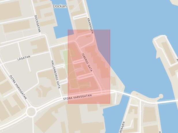 Karta som med röd fyrkant ramar in Isbergs Gata, Malmö, Skåne län