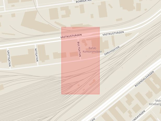 Karta som med röd fyrkant ramar in Bultgatan, Skruvgatan, Malmö, Skåne län