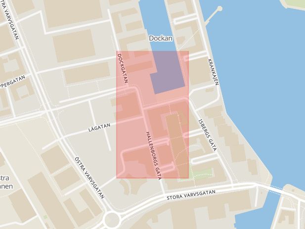 Karta som med röd fyrkant ramar in Dockan, Hallenborgs Gata, Malmö, Skåne län