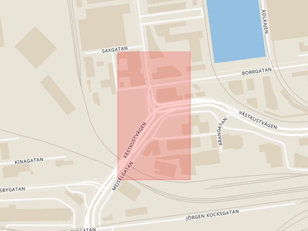 Karta som med röd fyrkant ramar in Lodgatan, Västkustvägen, Malmö, Skåne län