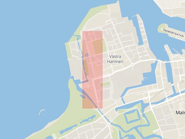Karta som med röd fyrkant ramar in Västra Varvsgatan, Malmö, Skåne län