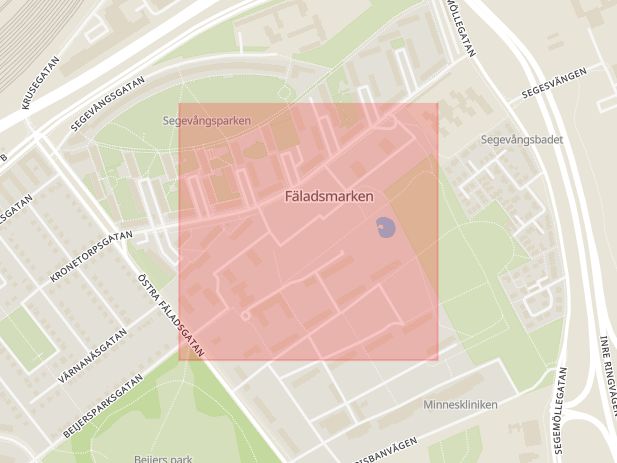 Karta som med röd fyrkant ramar in Segeparksgatan, Segevång, Malmö, Skåne län