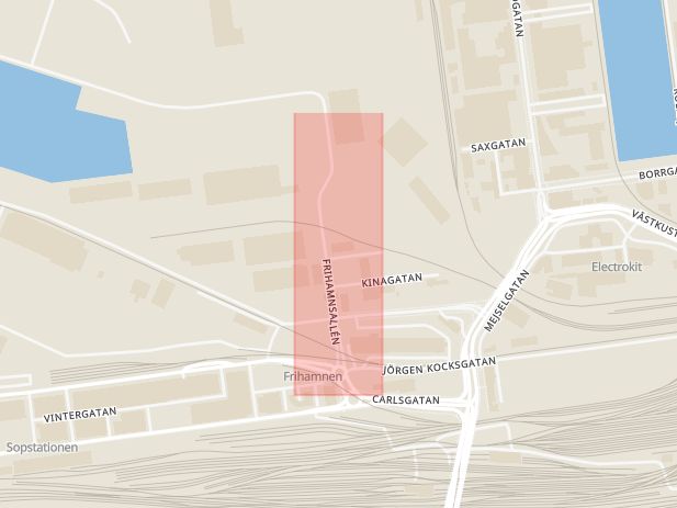 Karta som med röd fyrkant ramar in Frihamnsallén, Malmö, Skåne län