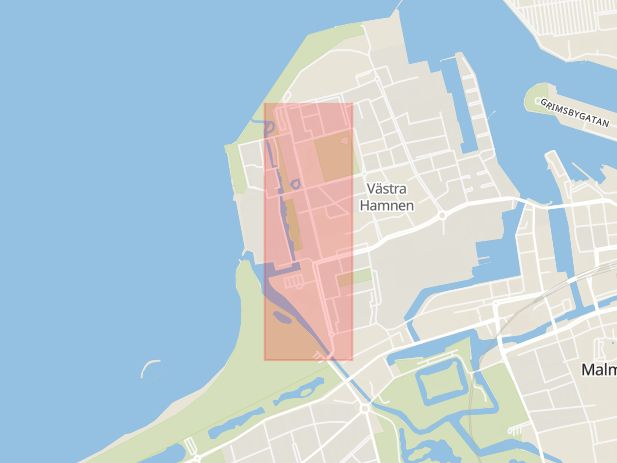 Karta som med röd fyrkant ramar in Västra Hamnen, Västra Varvsgatan, Malmö, Skåne län