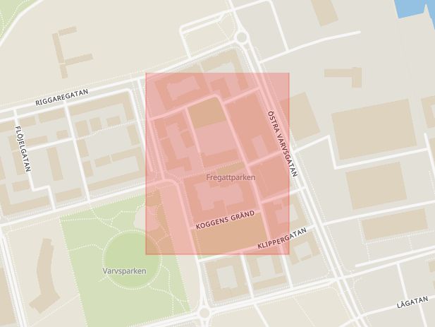 Karta som med röd fyrkant ramar in Västra Hamnen, Fregattgatan, Malmö, Skåne län