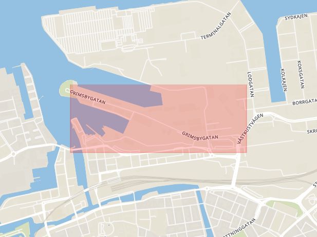 Karta som med röd fyrkant ramar in Grimsbygatan, Malmö, Skåne län