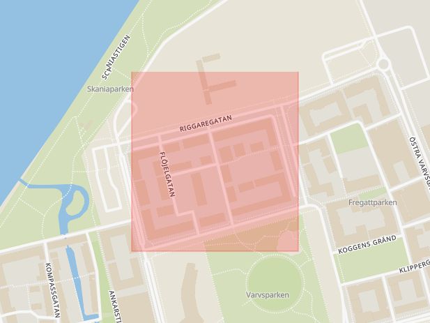 Karta som med röd fyrkant ramar in Vimpelgatan, Malmö, Skåne län