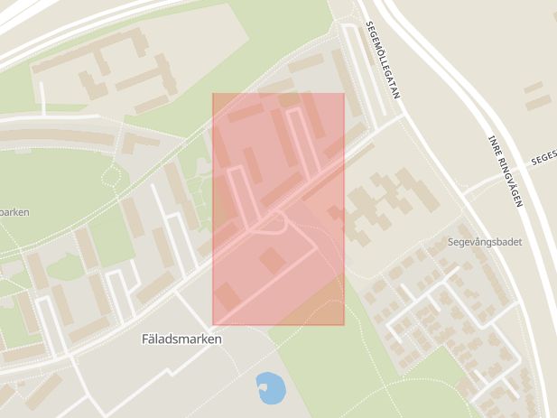 Karta som med röd fyrkant ramar in Segeparksgatan, Kronetorpsgatan, Malmö, Skåne län