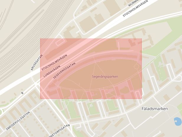 Karta som med röd fyrkant ramar in Segevångsgatan, Kirseberg, Malmö, Skåne län