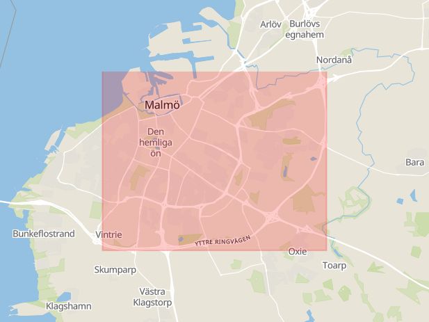 Karta som med röd fyrkant ramar in Yttre Ringvägen, Trafikplats Petersborg, Malmö, Skåne län