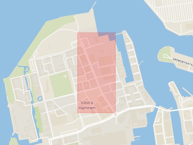 Karta som med röd fyrkant ramar in Vattnet, Östra Varvsgatan, Västra Hamnen, Malmö, Skåne län