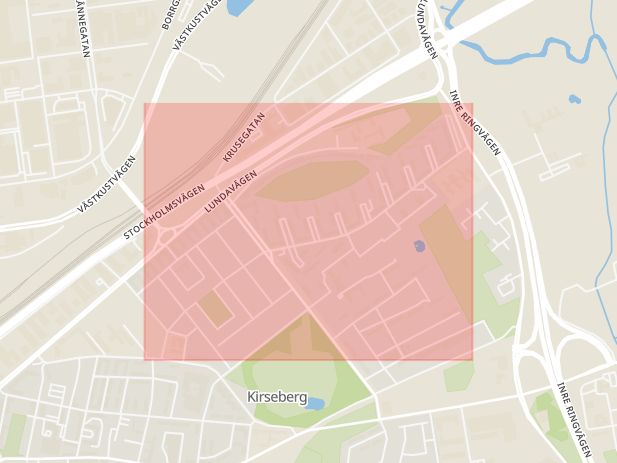 Karta som med röd fyrkant ramar in Kirseberg, Kronetorpsgatan, Malmö, Skåne län