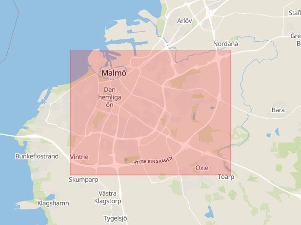 Karta som med röd fyrkant ramar in Yttre Ringvägen, Löddeköpinge, Malmö, Skåne län
