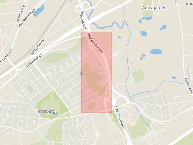 Karta som med röd fyrkant ramar in Segemöllegatan, Malmö, Skåne län