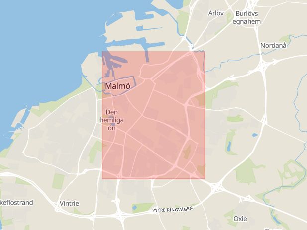 Karta som med röd fyrkant ramar in Inre Ringvägen, Hindby, Rosengård, Malmö, Skåne län