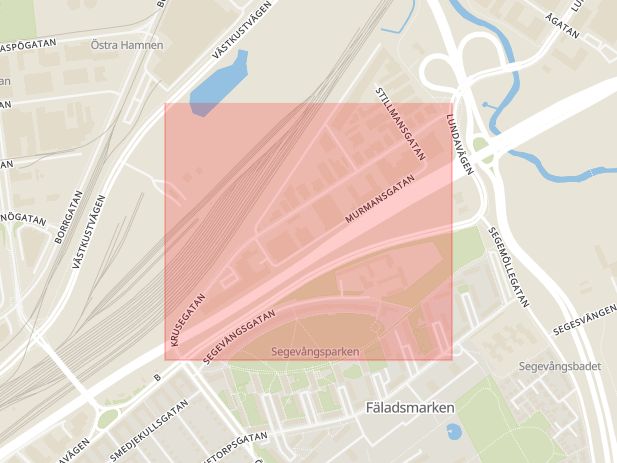 Karta som med röd fyrkant ramar in Krusegatan, Malmö, Skåne län