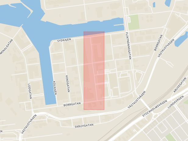 Karta som med röd fyrkant ramar in Kosterögatan, Malmö, Skåne län