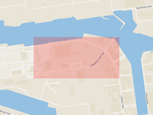Karta som med röd fyrkant ramar in Terminalgatan, Malmö, Skåne län