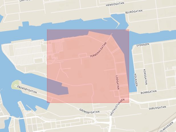 Karta som med röd fyrkant ramar in Lodgatan, Malmö, Skåne län