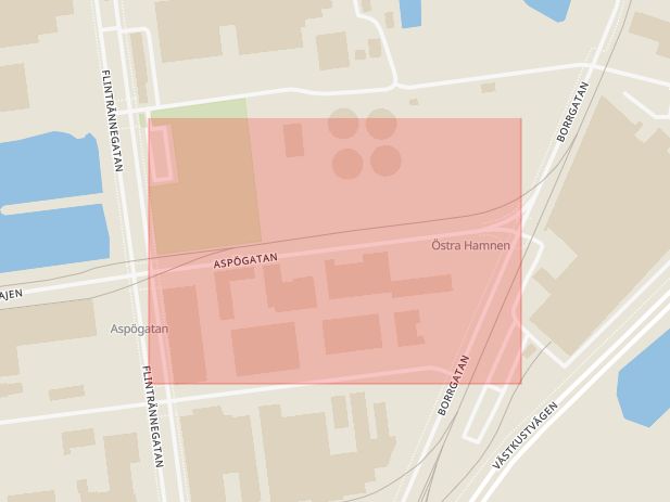 Karta som med röd fyrkant ramar in Aspögatan, Gärde, Linköping, Skåne län