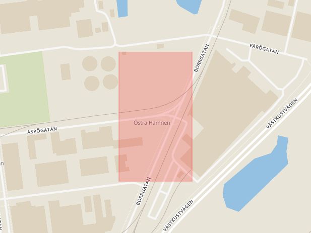 Karta som med röd fyrkant ramar in Östra Hamnen, Lodgatan, Malmö, Skåne län