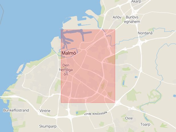 Karta som med röd fyrkant ramar in Inre Ringvägen, Rosengård, Lund, Malmö, Skåne län
