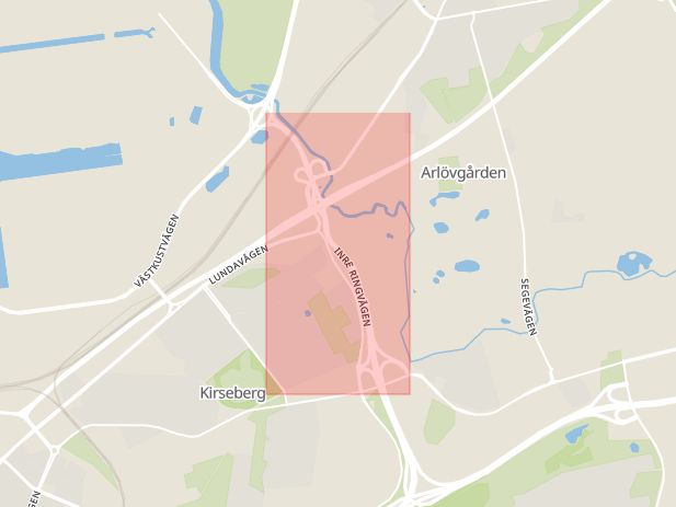 Karta som med röd fyrkant ramar in Inre Ringvägen, Kirseberg, Trafikplats Sege, Malmö, Skåne län