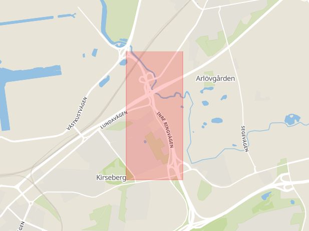 Karta som med röd fyrkant ramar in Inre Ringvägen, Segevång, Malmö, Skåne län
