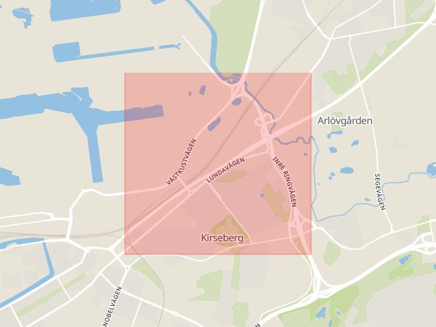 Karta som med röd fyrkant ramar in Lundavägen, Kirseberg, Malmö, Skåne län