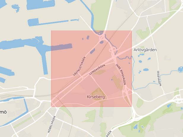 Karta som med röd fyrkant ramar in Kirseberg, Lundavägen, Malmö, Skåne län