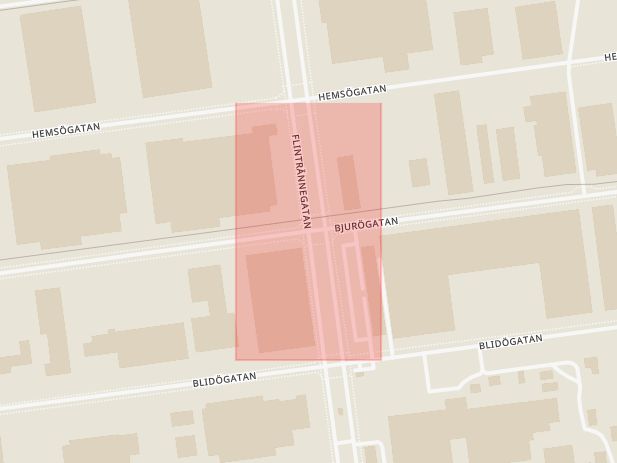 Karta som med röd fyrkant ramar in Bjurögatan, Flintrännegatan, Malmö, Skåne län