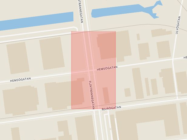 Karta som med röd fyrkant ramar in Flintrännegatan, Hemsögatan, Malmö, Skåne län
