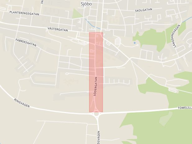 Karta som med röd fyrkant ramar in Södergatan, Sjöbo, Skåne län
