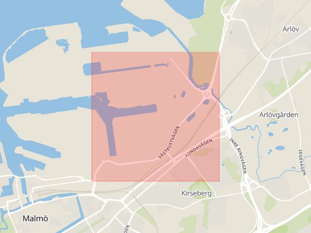 Karta som med röd fyrkant ramar in Västkustvägen, Malmö, Skåne län