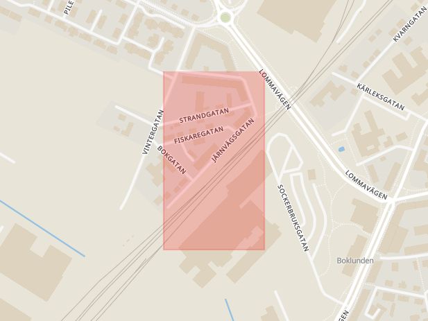Karta som med röd fyrkant ramar in Järnvägsgatan, Arlöv, Burlöv, Skåne län