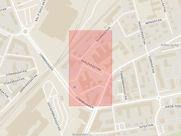 Karta som med röd fyrkant ramar in Kärleksgatan, Skolhuset, Burlöv, Skåne län