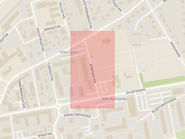 Karta som med röd fyrkant ramar in Kyrkogatan, Burlöv, Skåne län