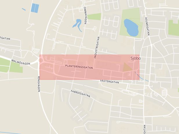 Karta som med röd fyrkant ramar in Planteringsgatan, Sjöbo, Skåne län