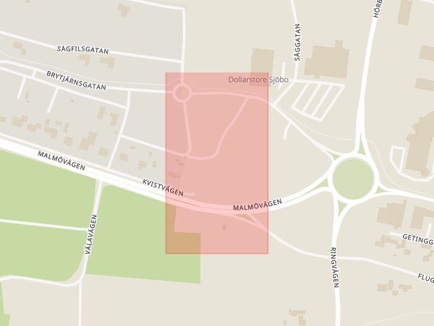 Karta som med röd fyrkant ramar in Solviksgatan, Sjöbo, Skåne län