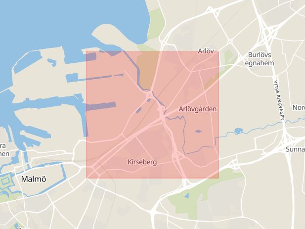 Karta som med röd fyrkant ramar in Lundavägen, Trafikplats Flädie, Malmö, Skåne län