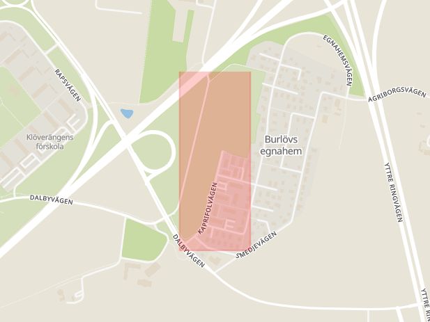 Karta som med röd fyrkant ramar in Kaprifolvägen, Burlöv, Skåne län
