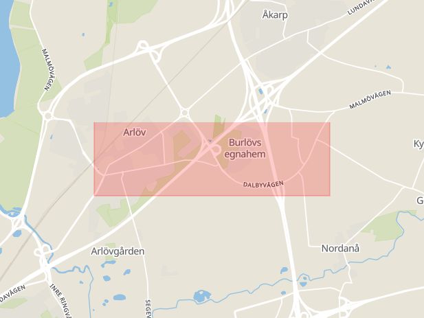 Karta som med röd fyrkant ramar in Dalbyvägen, Burlöv, Skåne län